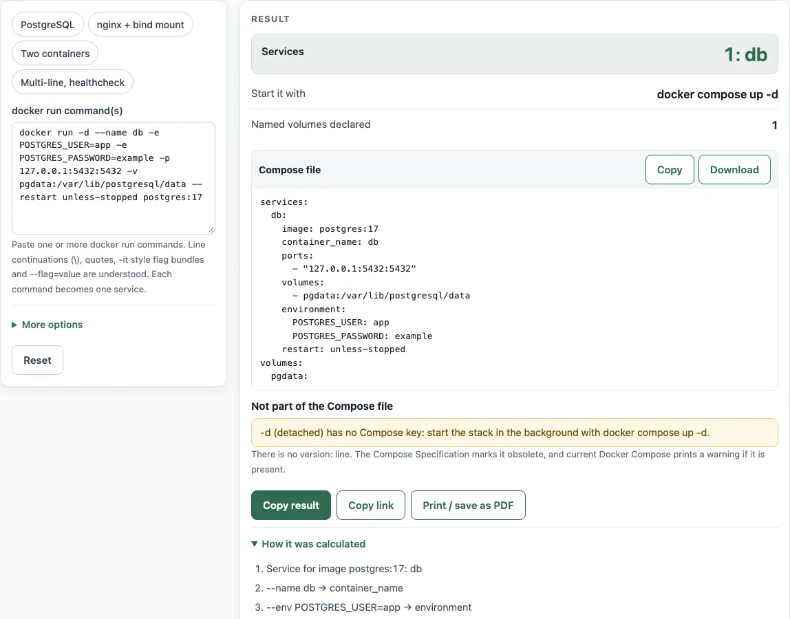 Docker run to compose example