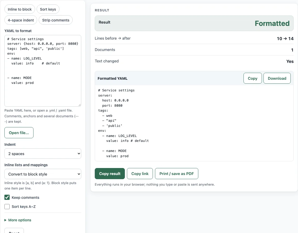Yaml formatter example